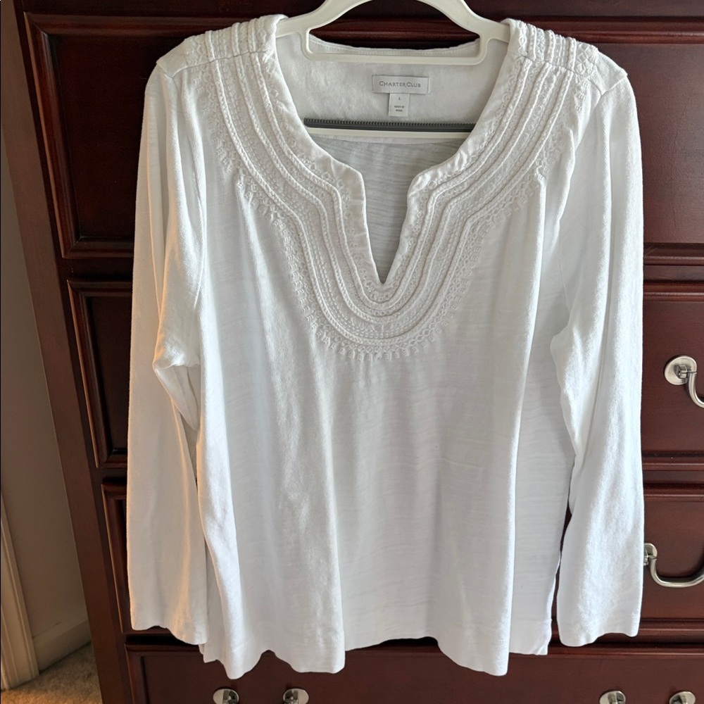 Charter Club White Embroidered Split V-Neck Tunic
